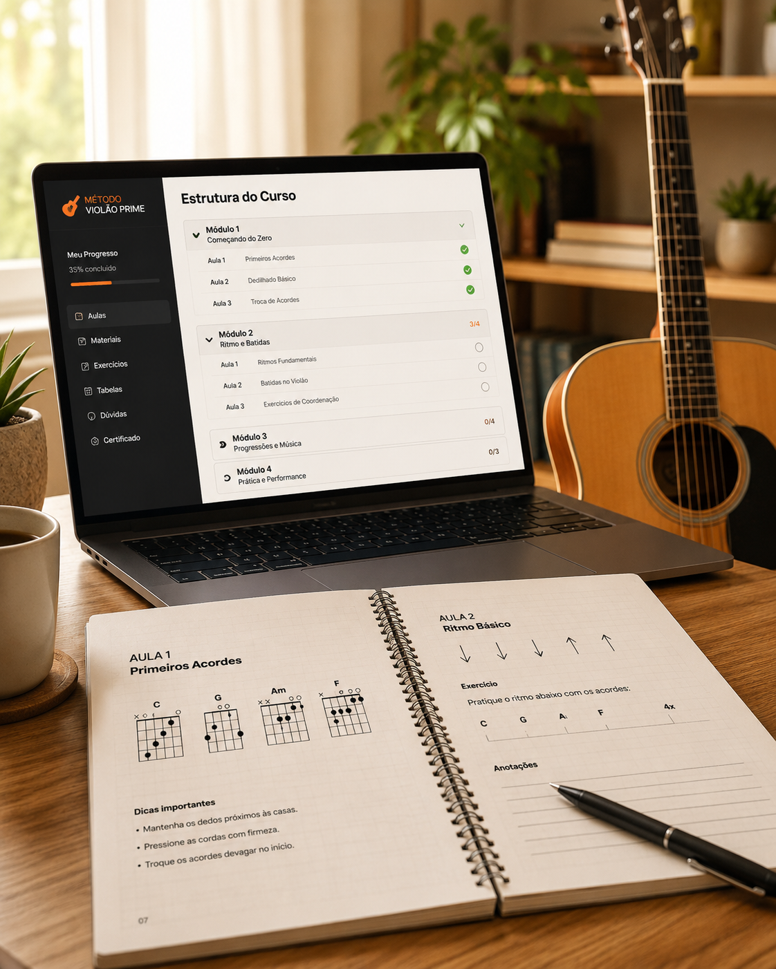 Aluno seguindo uma estrutura completa de aula de violão